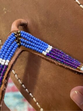 Aspiga HandBeaded Thong Sandals - 39 Blue, Purple, White, Bronze Bead Detail